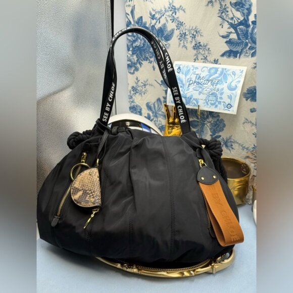 🆕 SEE BY CHLOE 🧿 NWOT Flo Shoulder Bag, Black Nylon - Picture 4 of 16